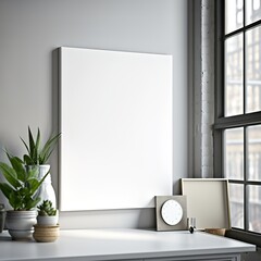 large white blank canvas without frame hanging on the wall of modern light interior, generative AI