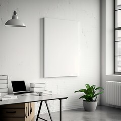 large white blank canvas without frame hanging on the wall of modern light interior, generative AI