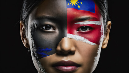 Taiwan. A beautiful young woman with paint in the colors of national flag of Taiwan. How AI sees the countries of the world if we imagine that they are people. digital ai art.