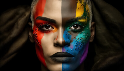 A person with the rainbow colors of the LGBT community flag painted on his face represents the concept of LGBTQ and self-expression. digital ai art.