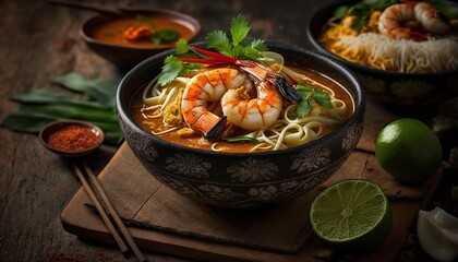 A hearty bowl of laksa with prawns