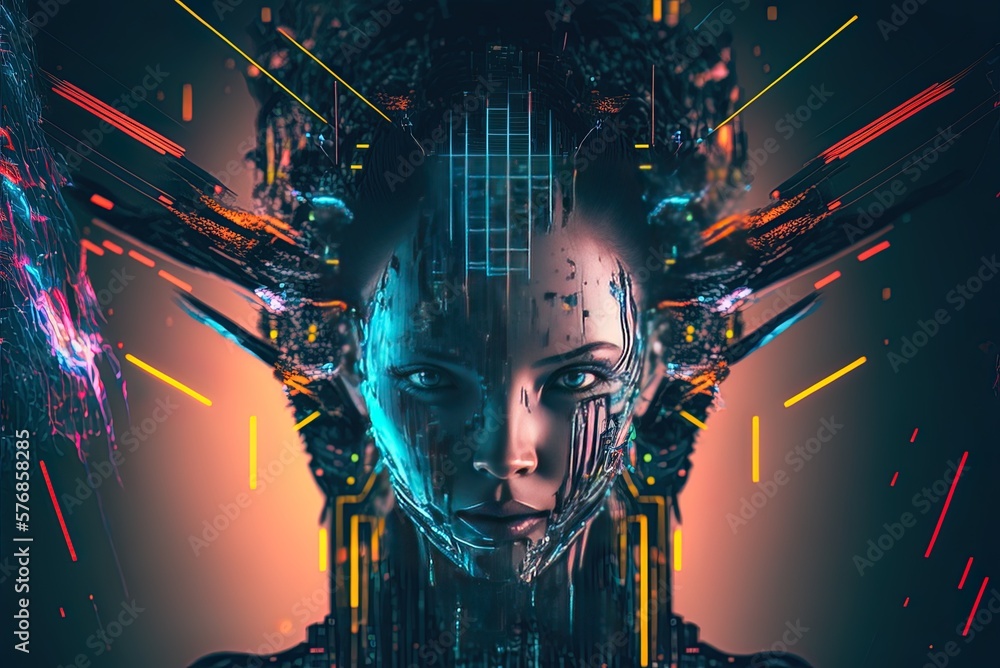 Poster glitch-style aphroditical portrait virtual reality concept art in a cyberpunk style generative ai