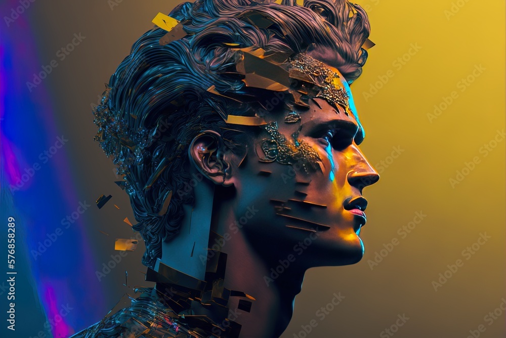 Poster apollo picture done in a glitchy, cyberpunk style generative ai