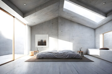 Fototapeta na wymiar A modern and minimalist bedroom with concrete walls, created with Generative AI technology 