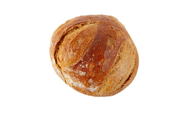 Rye and wheat sourdough bread round loaf with crispy crust top view isolated transparent png. 