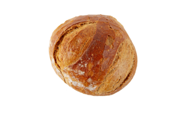 Rye and wheat sourdough bread round loaf with crispy crust top view isolated transparent png. 
