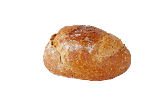 Rye and wheat brown sourdough bread round loaf with crispy crust isolated transparent png. 