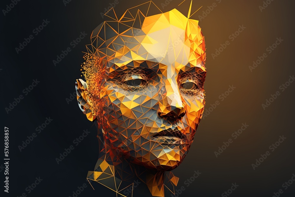 Poster polygonal human face, abstract illustration of a notion in artificial intelligence generative ai
