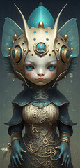 fantasy queen alien butterfly with alienish helmet with antennas, blue dress with intrincated golden ornaments, jewelry