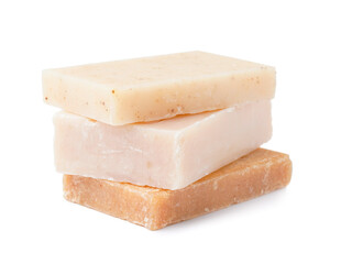 Stack of natural soap bars on white background