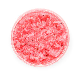 Jar of body scrub on white background