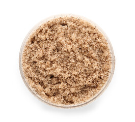 Jar of body scrub on white background