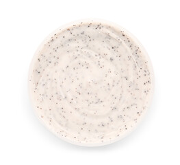Jar of body scrub on white background
