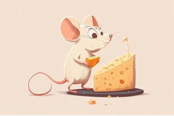 Obraz premium Rat in a home, eating cheese, against a white background. What a cute little dummy. Generative AI