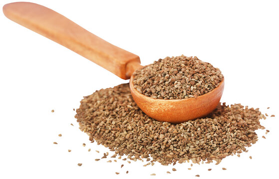 Ajwain seeds in a wooden spoon