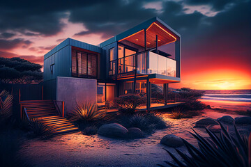 Prefab House at Beach on sunset. Suburban Townhouse near ocean. California beach home at sea. Coastal Modular luxury apartments, Modern beach home on sunset. Villa by sea, AI Generative Illustration.