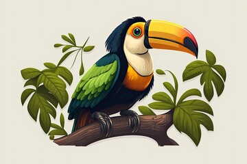 One toucan perched on a branch. Generative AI