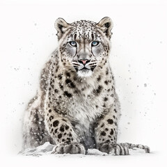 Snow leopard on top of mountain, against the background of mountain snow landscape, magnificent predatory cat close-up, ai generative