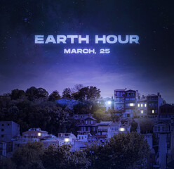 City at night. Houses with lights in windows. Earth hour 2023, March 25