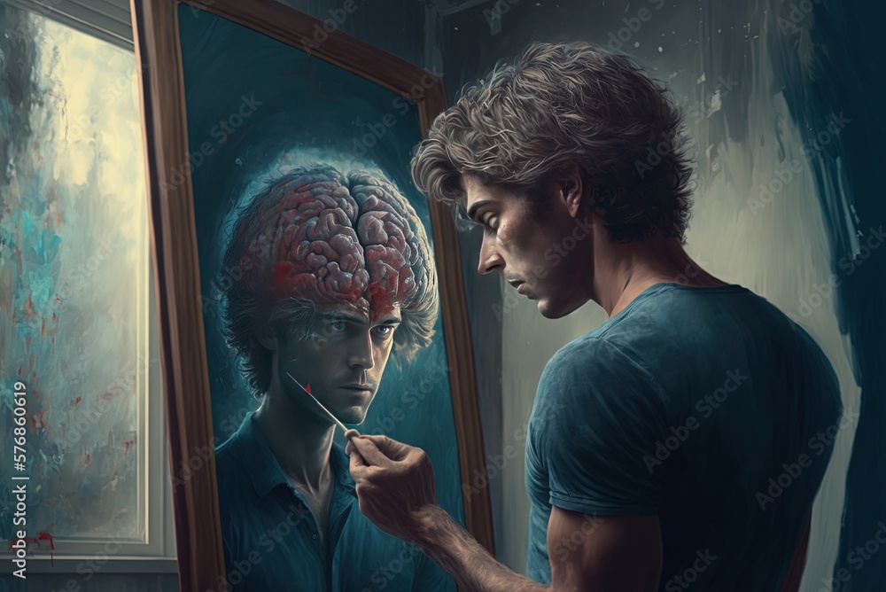 Poster brain being painted by an artist in front of a mirror generative ai