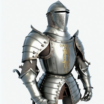 Ancient metal armor of a medieval knight warrior isolated on white close-up, helmet, armor.