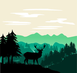 Landschaft: Wald mit Hirsch und Wiese