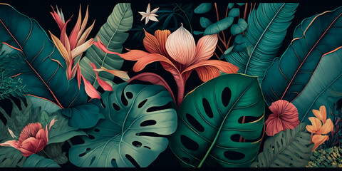 Jungle flower pattern with tropical palm leaves and flowers on dark background, mother's day card concept, women's day, wedding. Design with flowers space for text, copy space. Generative AI