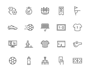 Soccer sport line icon set. Vector soccer football game team illustration symbol trophy player icon pack.