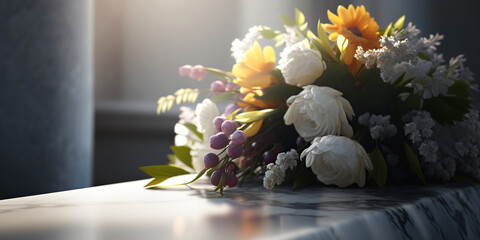 Bouquet of flowers on cemetery , funeral concept. Generative AI - obrazy, fototapety, plakaty