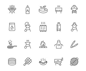 Grill barbeque vector line icon set. BBQ outdoor kitchen gas smoker outline icon butcher grill meat food.
