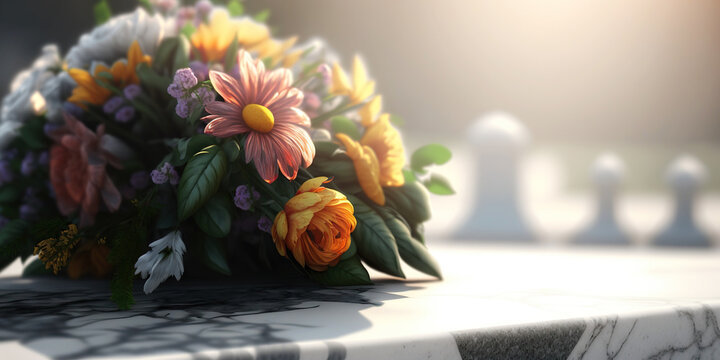 Bouquet of flowers on cemetery , funeral concept. Generative AI