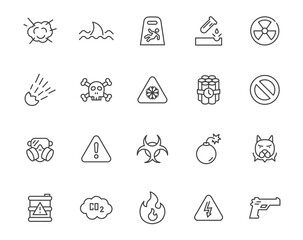 Warn alert line icon set. Risk caution error stroke important icon. Exclamation problem sign alarm information.