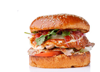 Shashlik burger with pork sauce cilantro and butter on white background for restaurant website menu