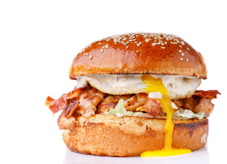 Chicken caesar burger with scrambled eggs on white background for restaurant website menu