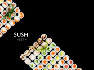 Set of different types of Maki sushi rolls. A lot of sushi isolated on black background with text and copy space. Ready square restaurant menu banner. Assortment of Futomaki rolls with greens on top