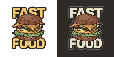 American fast food or burger with meat, cheese and vegetable for logo or emblem. USA food or hamburger with bun, lettuce, cheese, tomato, onion, cutlet for cafe and restaurant.