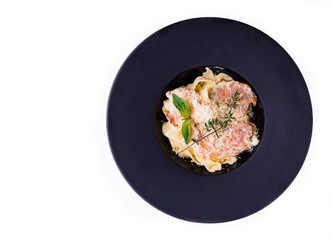 pasta with bacon with thyme and mint on white background for restaurant menu