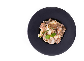 pasta with bacon with thyme and mint on white background for restaurant menu