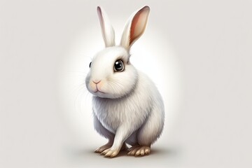 An Easter rabbit, standing tall and white, is a symbol of health and beauty. Bunny bunny isolated on white. Beautiful creature of the wild, with large, sparkling eyes. Imagined animal. Generative AI