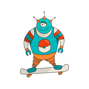 A cartoon robot with three antennas on its head rides a skateboard. Isolated vector image.