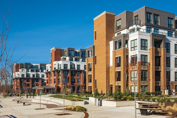 New residential townhouses. Modern apartment buildings in BC Canada. Modern complex of apartment buildings