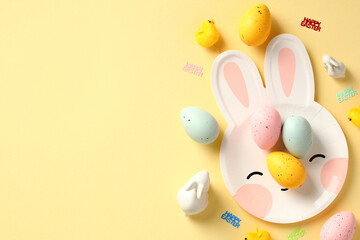 Happy Easter concept. Flat lay composition with colorful Easter eggs on bunny shaped plate on...