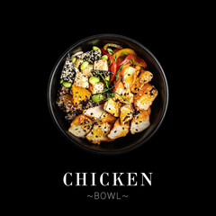 Top view of Chicken bowl isolated on black background. Ready square menu banner with text and copy...