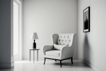 A contemporary armchair in an empty room with a cream wall as a backdrop. Generative AI
