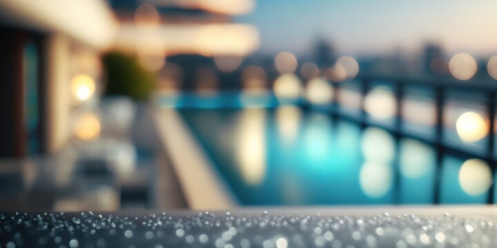 Swimming pool on a rooftop bokeh background. Generative AI