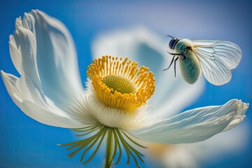 Macro photograph of a white anemone flower with yellow stamens and a butterfly in flight against a blue sky and shallow depth of field. Subtle creative depiction of the splendor of nature. Generative