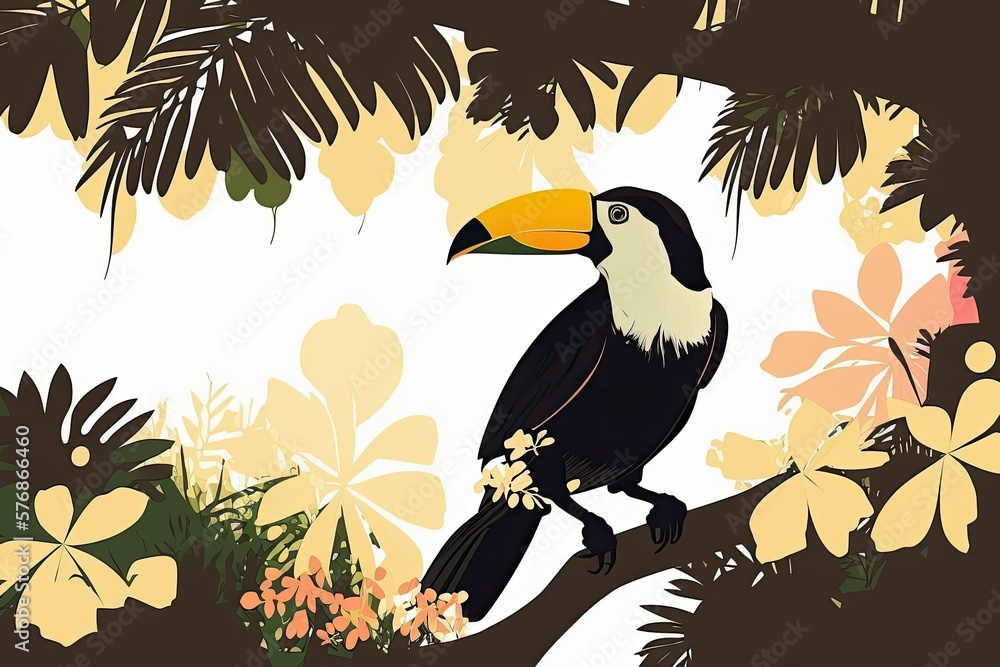 Poster white backed toco toucan perched in a tree. generative ai