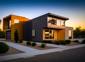 Modern house interior. Prefab construction. Suburban Townhouse on sunset. Modular luxury apartments in residential area. Modern apartment building. Family house, Ai Generative Illustration.