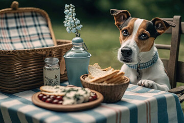 Card for dog friendly picnic with happy jack russell terrier - obrazy, fototapety, plakaty