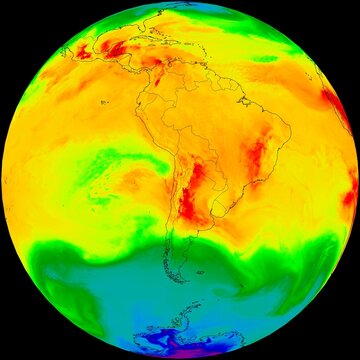 Temperaturas en Am&eacute;rica del sur, las temperaturas se muestran en diferentes tonos de color, con los colores m&aacute;s c&aacute;lidos indicando temperaturas m&aacute;s altas, los m&aacute;s fr&iacute;os indican temperaturas m&aacute;s bajas